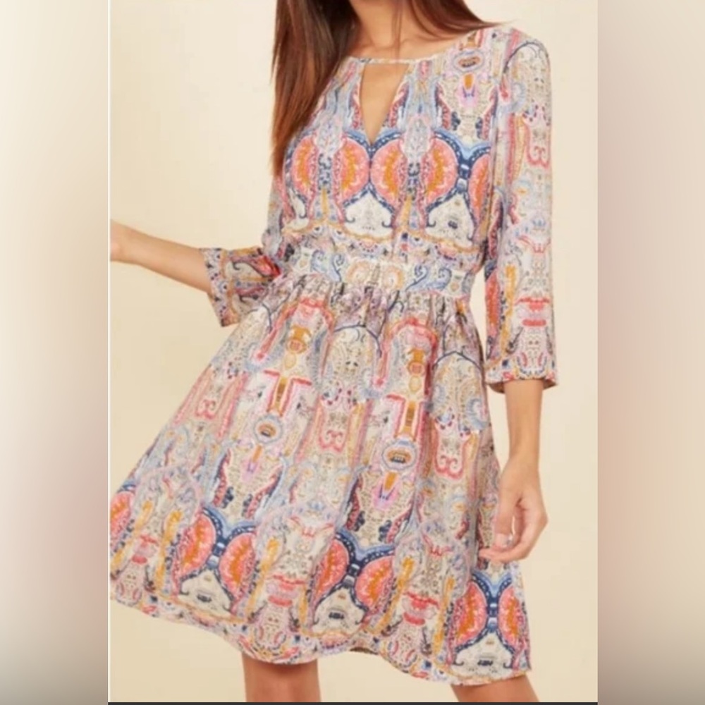Boho Style Fit & flare keyhole neckline lined Dress by Lace and Mesh- size M